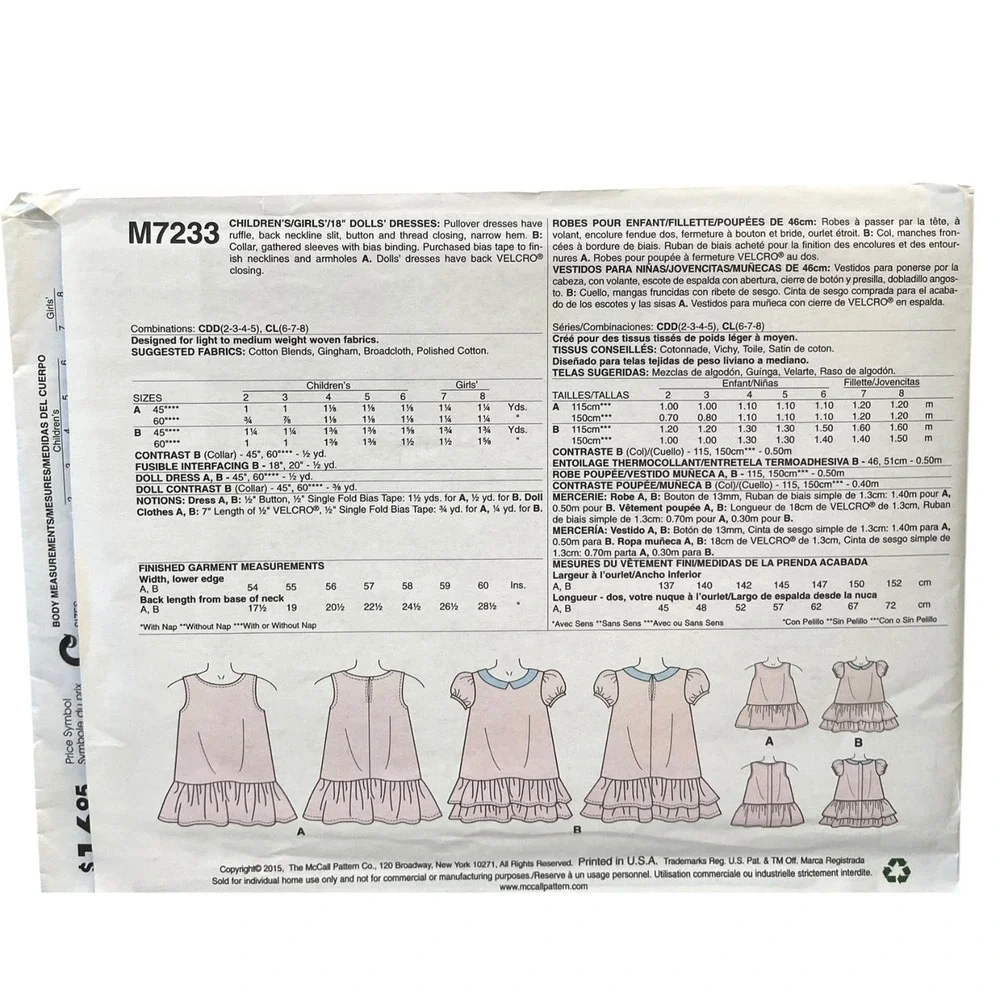 McCall's M7233 Girls' Doll Dresses Size CL (6-7-8) Laura Ashley